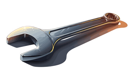 Illustration of a shiny metal wrench with open and box ends casting a soft shadow on a white surface on transparent background