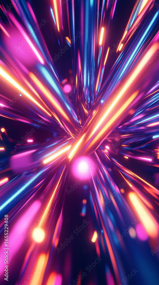 Poster 3d multicolor neon rays and glowing lines, dynamic futuristic abstract background with vibrant light