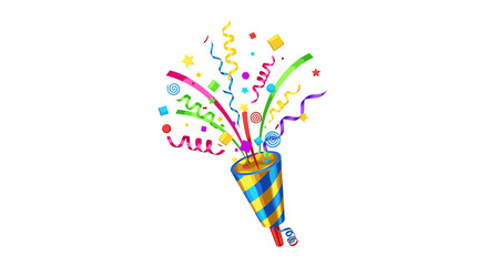 Illustration of a party popper with colorful confetti and streamers exploding out for a celebration scene on transparent background