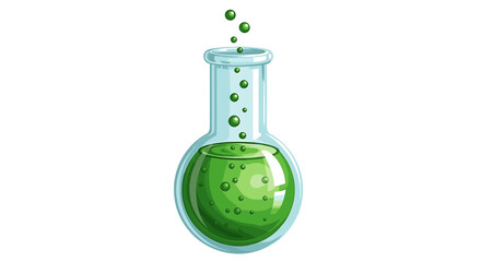 Illustration of a round bottom flask filled with green liquid and bubbles floating above the flask neck on transparent background