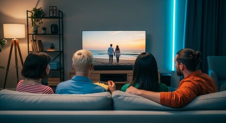Group of Friends Enjoying Movie Night on Couch with Sunset View on Tv