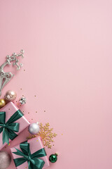 Bright pink vertical background showcasing Christmas gifts, festive green bows, and elegant holiday...