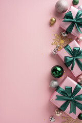 Pink-wrapped vertical gifts with green bowties and holiday decorations create a festive holiday mood