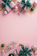 Festive vertical composition with pink-wrapped gifts and decorative ornaments on a delicate pink...