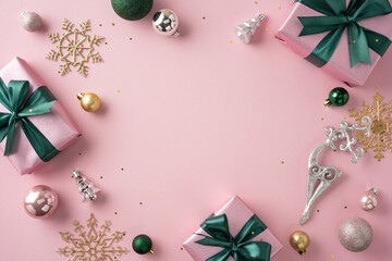 Holiday-themed composition featuring wrapped gifts with bows, ornaments, and festive decorations...