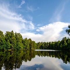 Tranquil lake scene with lush forest