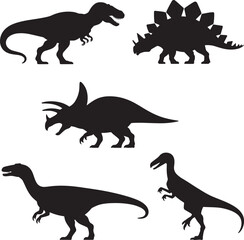 Black dinosaur silhouettes various prehistoric creatures white