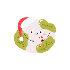Vector Illustration of Funny Cauliflower Character with Santa Hat and Candy Cane in Cute Flat Style, Playful Cartoon Christmas Vegetable.