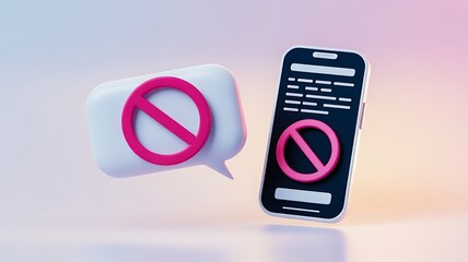 Concept of Banning Social Media Content and Preventing Online Harassment with Smartphone and Speech Bubble Featuring Prohibition Symbol Digital Illustration and Modern Technology