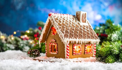 A charming gingerbread house, adorned with icing details and candy canes, sits nestled in a bed of snow, surrounded by festive greenery and twinkling lights.