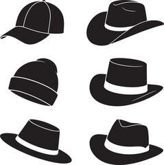 Black hat silhouettes baseball cap fedora cowboy hat beanie vector