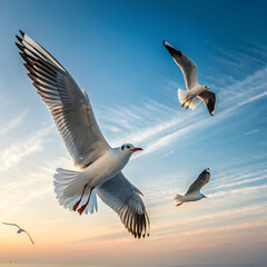 seagulls birds fly in the blue sky