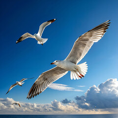 seagulls birds fly in the blue sky
