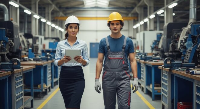 Professional Workers in Safety Helmets Collaborating in Modern Workshop