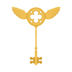 Obraz premium Golden fantasy key with wings and heart shapes. Magical vector illustration perfect for fairy tale designs, logos, decorations, and fantasy themes.