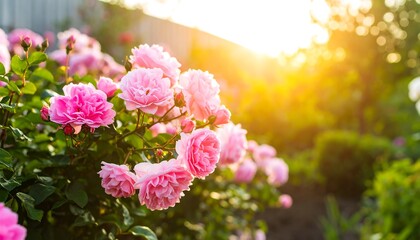 A cluster of vibrant, pink roses blossoms in a sunny garden setting, showcasing the beauty of nature's springtime colors.