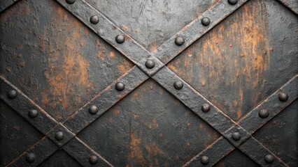 Fototapeta premium Close up of a rusty metal door with rivets and diagonal bars creating a cross pattern, perfect for a vintage or industrial background