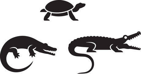 Black silhouettes of reptiles on white background animal wildlife