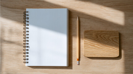 Top-down flat lay of Scandinavian light oak desk featuring blank white notebook and wooden pencil, neutral minimalist composition