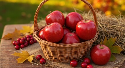 A vibrant wicker basket overflows with ripe, red apples and fresh cherries, a delicious symbol of a healthy harvest