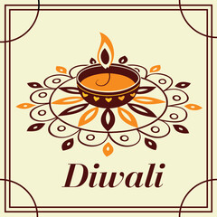 Elegant Diwali Illustration with Decorative Border and Traditional Oil Lamp