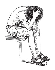 One young man sitting in despair, realistic sketch, vector hand drawing,  white background