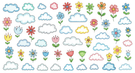 Playful Floral and Cloudscape Design Elements for Children's Illustration and Creative Projects, Perfect for Educational Resources and Whimsical Design Applications.
