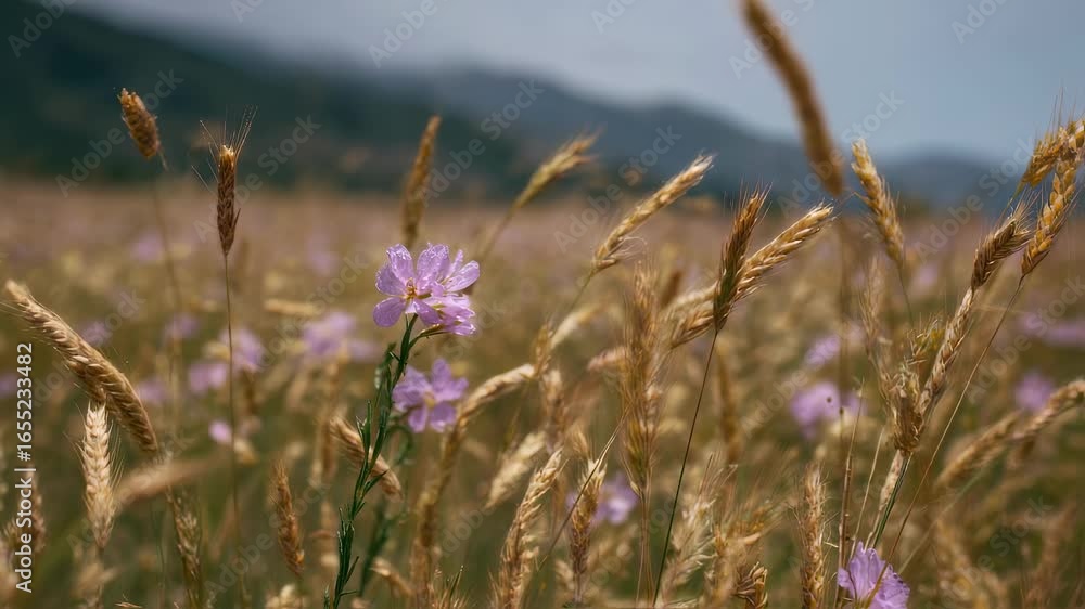 Poster medium shot showing a closeup of wildflowers and grasses in a hay field with a migratory bird in sha