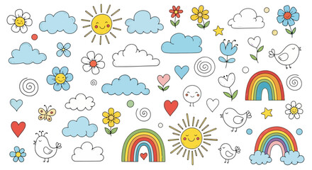 Cheerful Collection of Hand-Drawn Sky and Nature Elements for Children's Illustration, Educational Resources, and Playful Design Projects