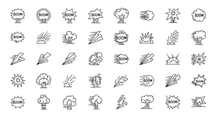 Diverse Set of Tree Explosion and Lightning Icons for Disaster Preparedness and Education Resources, Illustrating Natural Calamities and Environmental Awareness
