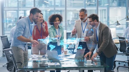 Diverse AI workforce collaborates, analyzing global data with advanced holographic technology. Professionals discuss business strategies using futuristic interface, showcasing innovation and teamwork. - Powered by Adobe