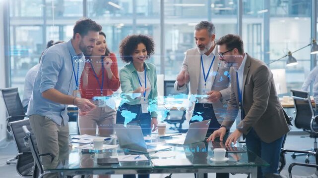 Diverse AI workforce collaborates, analyzing global data with advanced holographic technology. Professionals discuss business strategies using futuristic interface, showcasing innovation and teamwork.