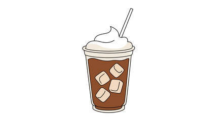 Refreshing Iced Coffee Illustration with Whipped Cream and Ice Cubes, Perfect for Menu Design, Social Media Graphics, or Beverage Advertising