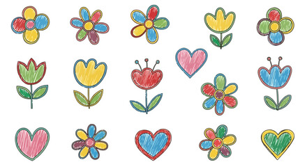 Whimsical Collection of Childlike Floral and Heart Doodles in Vibrant Colors, Perfect for Educational Resources, Scrapbooking, and Creative Design Projects