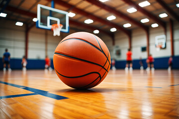Obraz premium Orange basketball on polished wooden court with blurred players floor