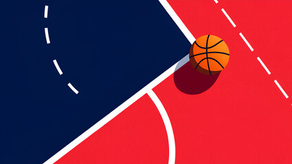 Orange basketball on red and blue court with white lines sport game