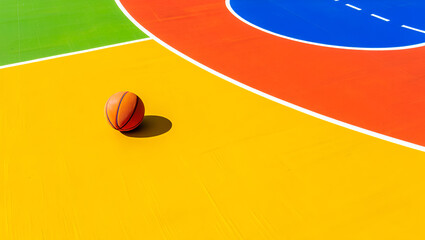 Orange basketball rests on vibrant yellow court with green and red sections image