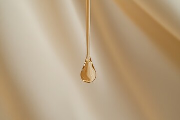 Golden oil drop against smooth satin background