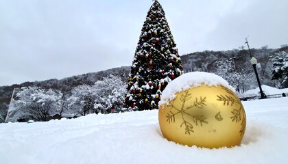 A large golden Christmas ornament, covered in snow, sits amongst a snowy landscape, with a decorated Christmas tree in the background.