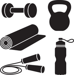 Dumbbell kettlebell yoga mat jump rope water bottle vector