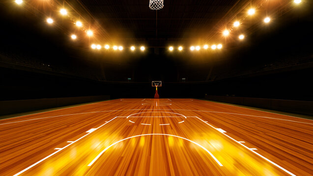 Illuminated wooden basketball court with hoop and stadium lights floor