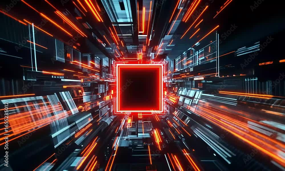 Poster futuristic highspeed flight through a glowing digital tunnel with a red neon core.