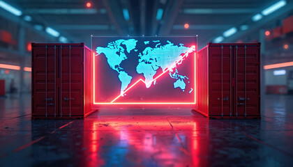 Digital display shows global trade data with rising tariffs, cargo costs. Red shipping containers frame neon-lit world map with upward trending graph. Illustrates economic policy, logistics, global