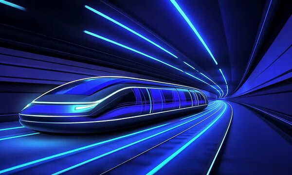 Futuristic HighSpeed Maglev Train Speeds Through a Glowing Blue Neon SciFi Tunnel.