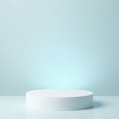 Minimalist white display pedestal in a soft blue background, ideal for showcasing products or art in a serene setting.