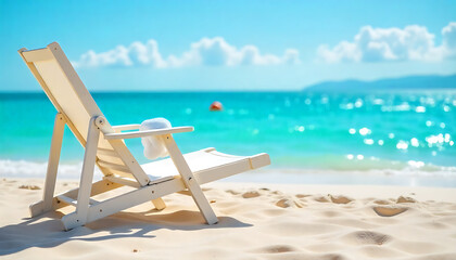 Being On Holiday On The Beach Or Beside A Pool, A Deck Chair To Relax On And Enjoy The Sunshine.. With Empty Copy Space For Text, created with generative ai	

