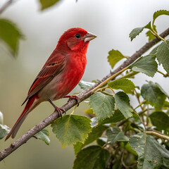 focus selective shot of a small red bird sitting o