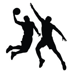 Basketball players dunking and defending silhouette