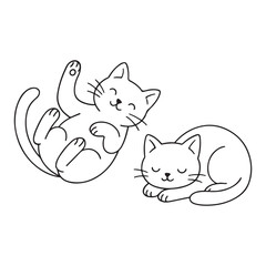Cute Cat Line Art Vector – Playful and Sleeping Kitty Outline Illustration for Coloring Book, Sticker, T-shirt Design