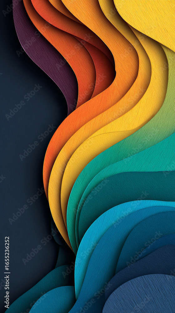 Poster rainbow colored abstract wave with flowing vibrant colors, dynamic motion and gradient design, moder